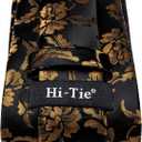 Hi-Tie Mens Plaid Ties Classic Paisley Necktie with Handkerchief Cufflinks Set Business Stripe Tie (Black Gold Floral)