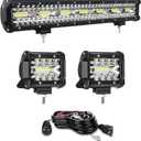 LED Light Bar Kits 22 Inch 420W 12V LED Light Bar, 2Pcs 4 Inch 60W LED Light Pod Driving Boat Led Off Road Lights with Wiring Harness for Truck ATV UTV Car Boat Tractor Snowplow Mower