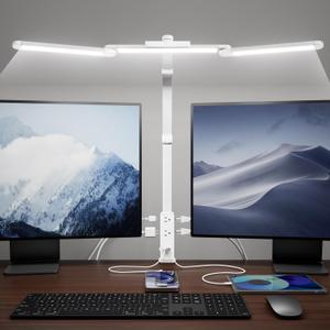 SUPERDANNY LED Desk Lamp with Power Strip (6 Outlets, 1 USB, 1 TypeC) for Home Office, Desk Light Computer Light with Clamp, Architect Desk Lamp with Smooth Dimming 5 Colors (White)