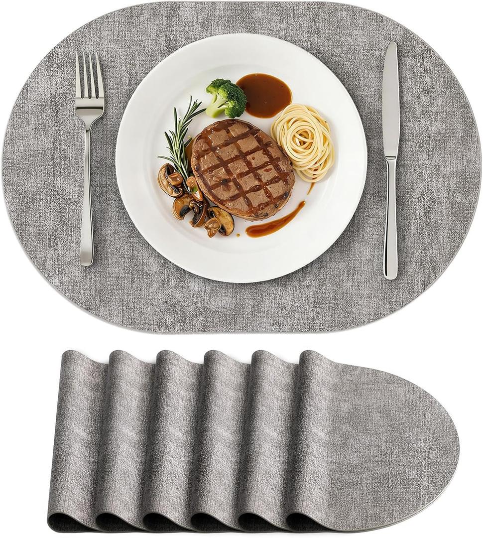 Homing Placemats Set of 6, Heat Resistant Oval Faux Leather Place Mats 11.8 x 17 Inch, Waterproof Wipeable Reversible PU Placemat for Kitchen Dining Table, Indoor & Outdoor, Light Grey