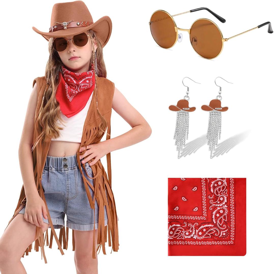 Cowgirl Outfits Costume for Girls 6 Pcs Kids Western Outfit Cowboy Hat Tassel Fringe Vest Earring for Halloween Party (11-12 Years, Khaki)