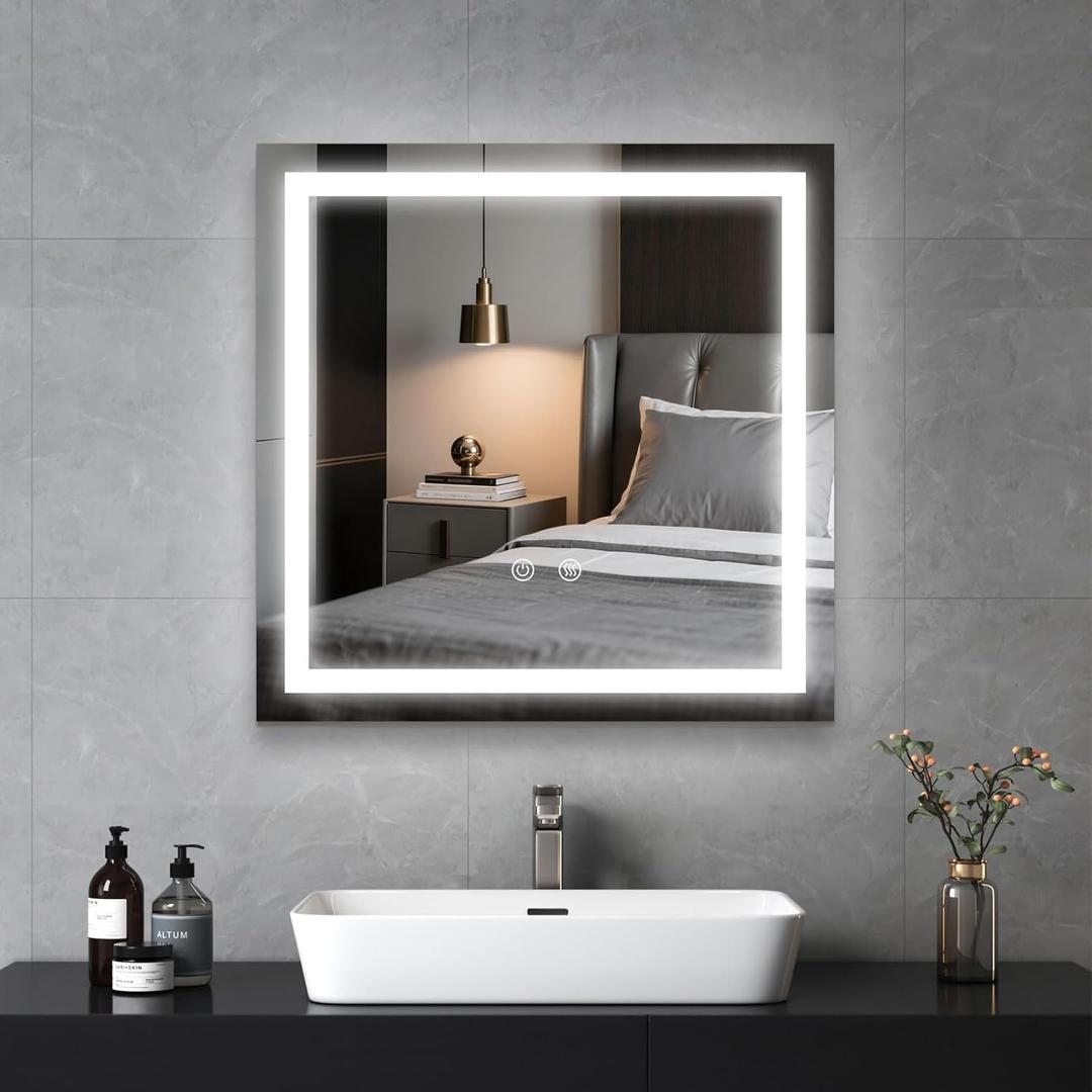 LED Lighted Bathroom Mirror with Anti-Fog, Square Wall Mounted Vanity Mirror with Smart Touch Button, Memory Function, Adjustable Warm White/Natural/Daylight Lights(24x24 inches)