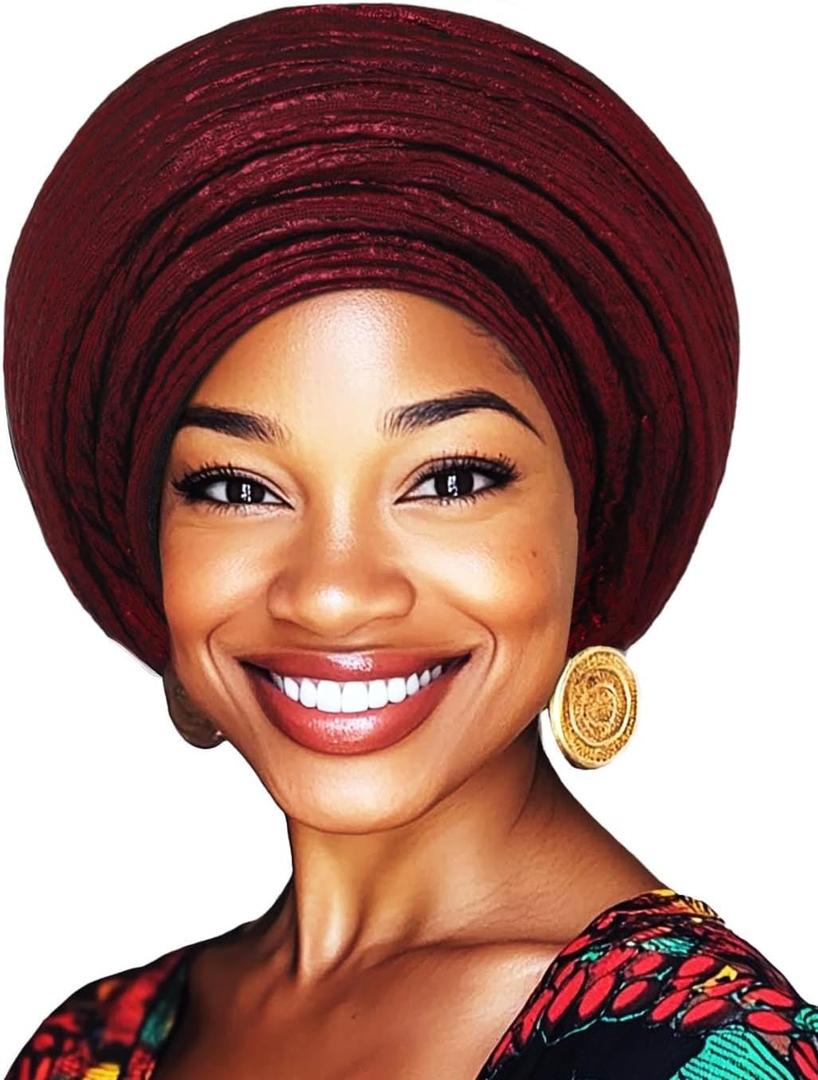 Woeoe Pre-Tied African Hats Gold Auto Gele African Head Wraps Church Turban for Women (One Size, Burgundy)