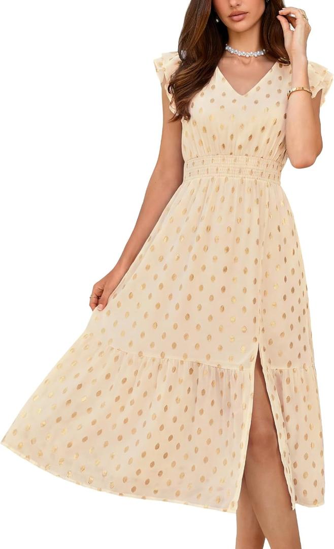 GRACE KARIN 2026 Womens Summer Dresses V Neck Ruffle Sleeve Floral Boho Beach Dress A-Line Swing Midi Wedding Guest Sundress, Size XXL