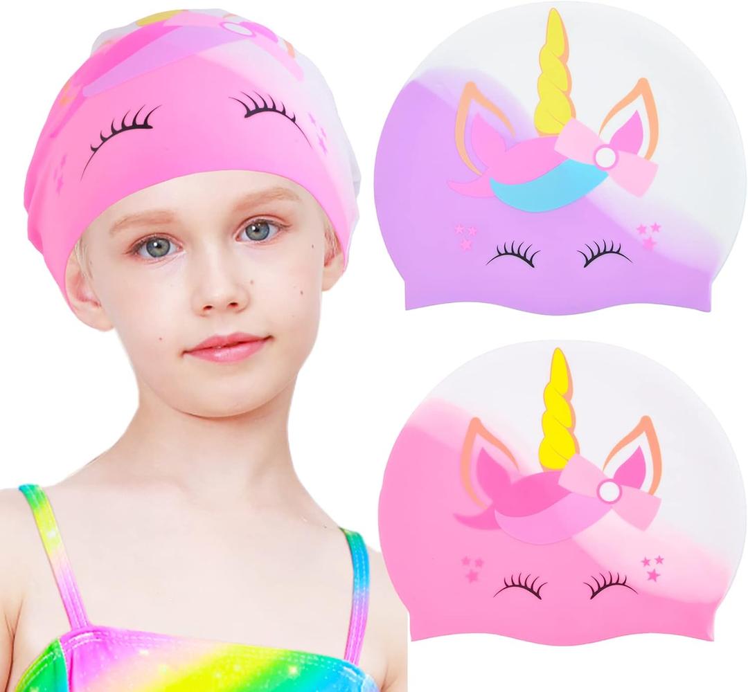 2 pcs Kids Swim Cap Silicone Swimming Cap for Boys Girls (Age 3-12) Cover Ears Waterproof Bathing Cap Keep Hair Dry Swimming Hat for Hair (Light Pink+Light Purple)