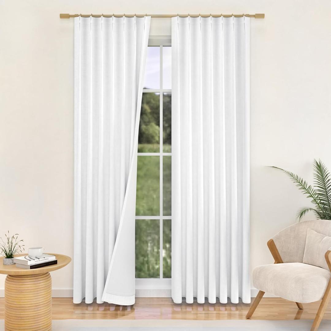 YZ HOME White Linen 100% Blackout Pinch Pleated Curtains 108 Inches Long 2 Pages for Living Room Back Tab Thermal Insulated Black Out Drapes Living Room High Ceiling Length 9 Ft