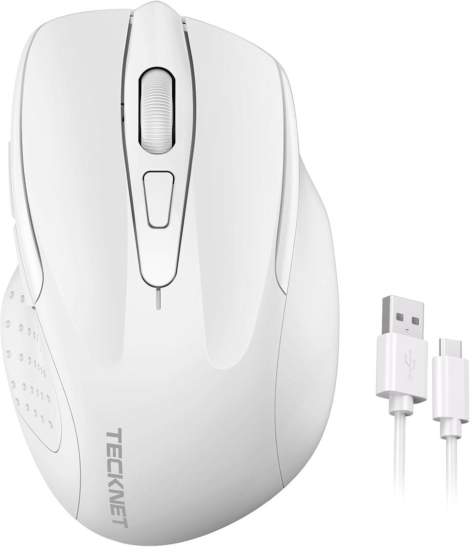 TECKNET Rechargeable Wireless Mouse, 2.4G Silent Quiet Click, 6 Adjustable 4800 DPI, Cordless Computer Mouse, Ergonomic Mouse for Laptop, 6 Buttons USB for Chromebook, Ergo Grip - White