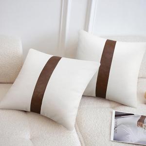 cygnus Farmhouse Decorative Throw Pillow Covers 22x22 inch Set of 2 White and Brown Faux Leather Pillow Covers Accent for Couch Sofa Bedroom Livingroom,Modern Boho Decor