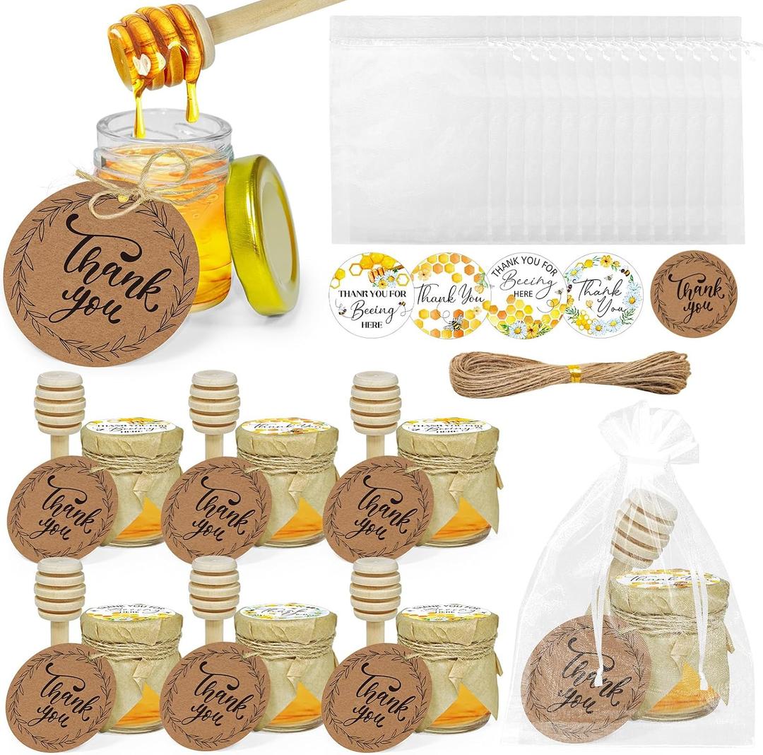 Cinrobiye 24 Set Mini Honey Jars Wedding Favors Bulk, Honey Jar with Dippers for Baby Shower Honey Jars Favors, Tea Party Honey Jar Gifts for Guests with Bee Theme Gift Bags