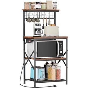 Furologee Kitchen Bakers Rack with Power Outlet, Microwave Oven Stand with Storage 4 Tiers, Coffee Bar Table with 6 S Hooks, Kitchen Storage Shelf Rack for Spices, Pots, Rustic Brown