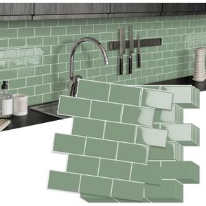 10-Sheet Thick Peel and Stick Kitchen Backsplash Tiles, 3D Subway Waterproof Self-Adhesive Wall Tile Stick on Backsplash for Kitchen and Bathroom (Green,12"12")