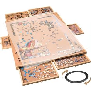 1500 Piece Rotating Wooden Puzzle Board for with 6 Storage Drawers & Protective Cover Jigsaw Puzzle Table - for Adults & Families Home Entertainment & Puzzle Building