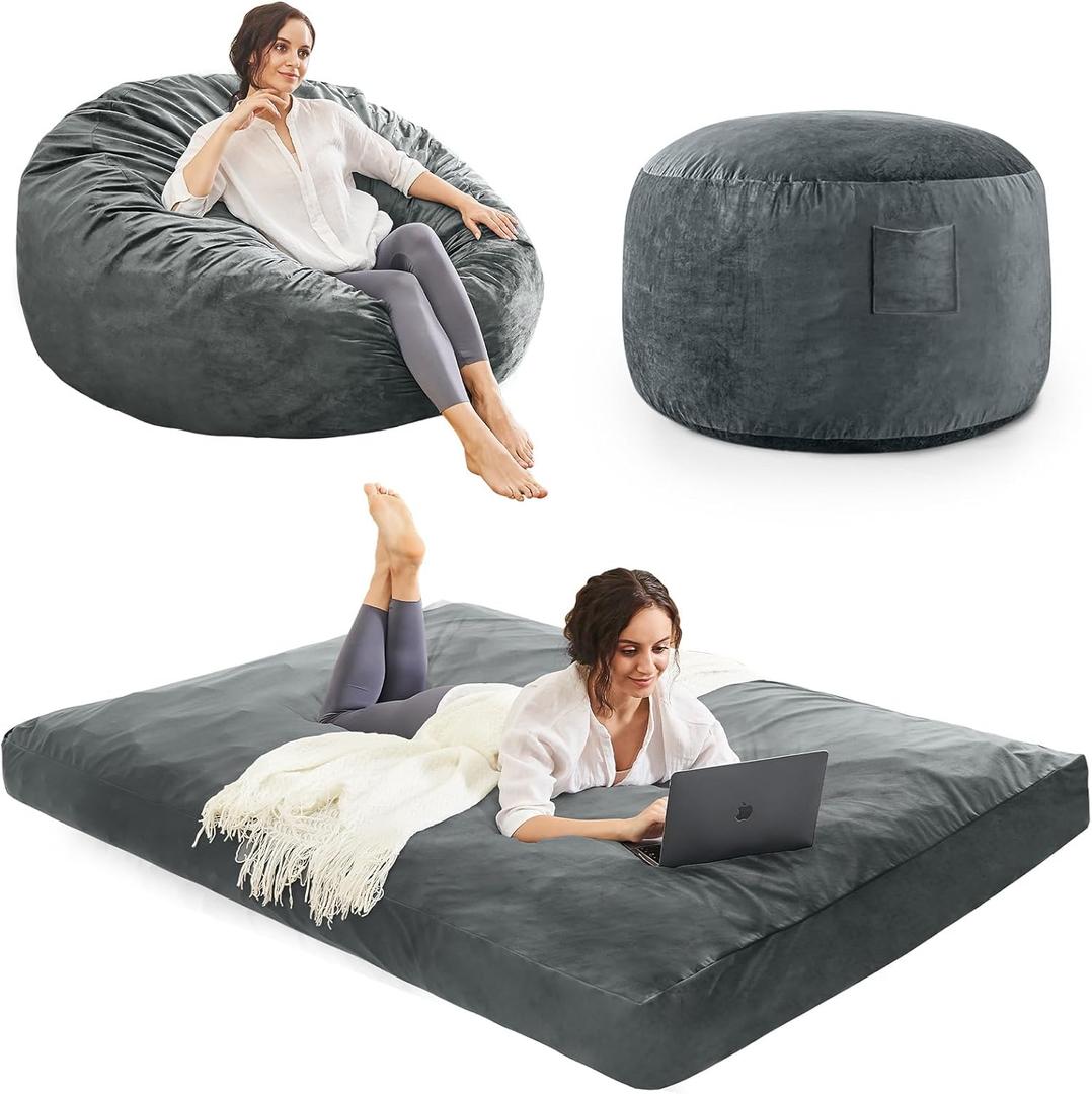 ILPEOD Bean Bag Chairs for Adults - Giant Bean Bag Convertible Floor Sofa | 3 IN 1 Lounger Couch Sofa, Memory Foam Filling, Removable Velvet Cover, Machine Washable, Bedroom Living Room, Full Charcoal