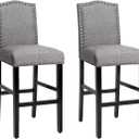 Bar Stools Set of 2, Bar Height Dining Side Barstools, w/Thick Cushion, Linen Surface, Nailhead Trim, Rubber Wood Legs, High Leisure Chairs for Living Room, Kitchen, Dining Room, Gray