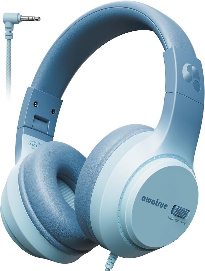 awatrue Kids Headphones, 74/85/94dB Volume Limiter, Foldable Wired Over Ear Headphones for Travel, 3.5mm Jack, Toddler Headphones for School, Chromebook, iPad, Tablet, Green
