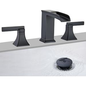 Black Waterfall Bathroom Faucet 3 Hole, Sanliv 8 or 4 Inch Widespread Bathroom Sink Faucets, Modern Vanity Faucet 3 Holes with Pop Up Drain and Supply Lines, Matte Black