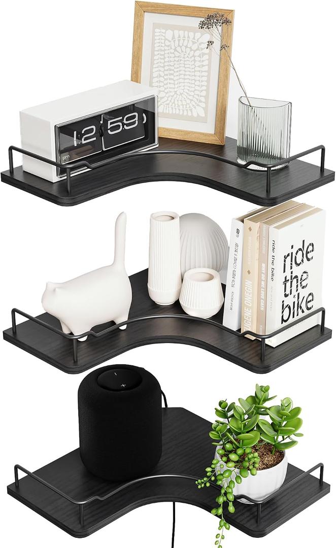 L-Shaped Corner Floating Shelves Set of 3,Rustic Wood Wall Mounted Storage Shelves,Display Shelf for Bathroom, Kitchen,Bedroom, Living Room, Office (Black)