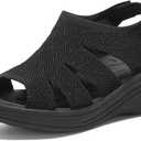 Womens Wedge Sandals Platform Walking Sandals Open Toe Ankle Elastic Strap Casual Comfortable Summer Dressy (6, Black)
