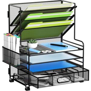 MINDEPOT 4-Tier Paper Organizer + 3-Pocket File Holder + Drawer + Pen Holders, Desktop File Organizers Paper Tray for Office Accessories School Classroom Organization (Black)