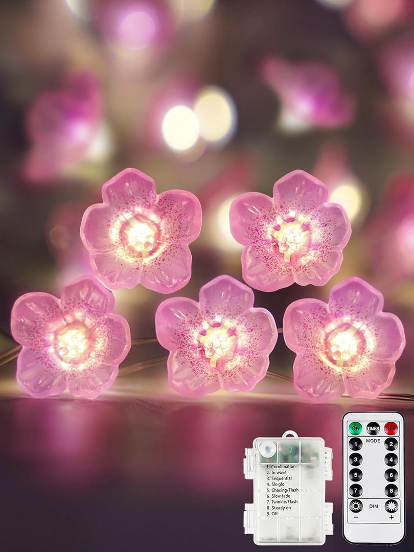 Cherry Blossom Flower String Lights for Bedroom, Pink Fairy Lights Battery Operated with Remote & 8 Modes & Timer, 10ft 30 LED Waterproof String Light Indoor Outdoor for Wedding Home Christmas Decor