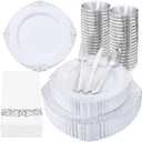 Nervure 350PCS Silver Plastic Dinnerware - White and Silver Disposable Plates for 50 Guests - 100 Disposable Plates, 150 Plastic Silverware, 50 Cups, 50 Napkins for Wedding & Party