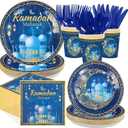168Pcs Blue Eid Ramadan Decorations for Home Mosque Lantern Moon Plates and Napkins Cups Forks Islamic Muslim Decor Tableware Sets for Eid al-Fitr Decor al-Adha Festival Home Party Supplies Serves 24