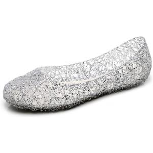OMGard Womens Jelly Shoes, White Jelly Sandals Glitter Flats for Women Size 8.5, Slip On Summer Ballet Flats Transparent Layered Lines Bird Nest Soft Hollow Out Loafers
