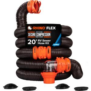 Camco RhinoFLEX 20-Ft RV Sewer Hose Kit - Features Clear Elbow Fitting w/Removable 4-in-1 Adapter - Connects to 3 Slip or 3/3.5/4 NPT Threaded Sewer Connection 