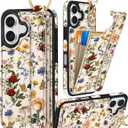 Petitian for iPhone 16 Wallet Case - Women Girls Cute Girly Aesthetic Unique Design Leather Credit Card Holder Cardholder Stand Wristband for iPhone 16, Vin Flower