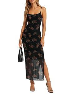 Zelroxa Womens Mesh Floral Midi Dresses Spaghetti Strap Sleeveless Vintage Goth Formal Wedding Guest Cocktail Party Sheer Bodycon Backless Cami Dress 90s Western Classy Vestido Pink, Medium 