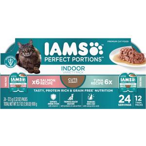IAMS Perfect Portions Grain Free Wet Cat Food, Indoor Adult Cat Food Wet Cuts in Gravy, Variety Pack: Tuna & Salmon Recipe, 1.98 lb. (Pack of 1) Twin-Pack Trays (EXP 05/02/28)