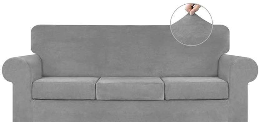 WEERRW 4 Pieces Velvet High Stretch Couch Covers for 3 Cushion Couch Sofa Slipcovers, Washable Furniture Protector with Non Slip Elastic Bottom, Feature Soft and Thick Plush Fabric, Large, Gray