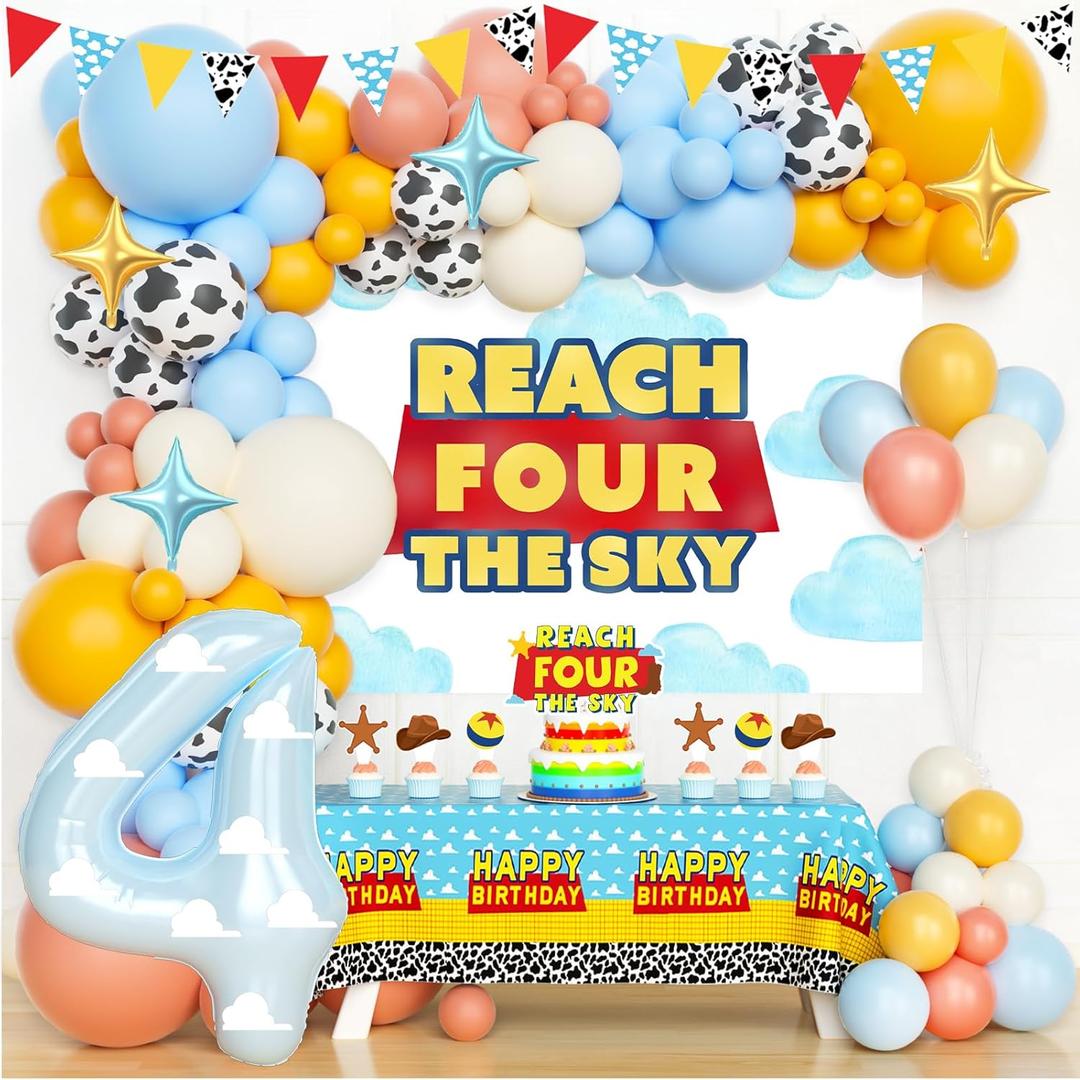 Party Inspo Reach for the Sky Birthday Decorations, 121 PCs - Toy Inspired Story 4th Birthday Party Supplies with Blue Cloud Backdrop, Balloon garland, Four Cake Topper