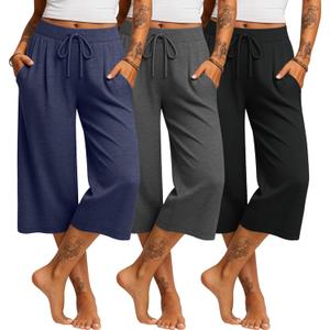 Locoowai 3 Pack Women's Capri Pants Casual Wide Leg Yoga Pants High Waist Drawstring Cropped Lounge Sweatpants with Pockets (XX-Large, Dark Blue, Heather Gray, Black)