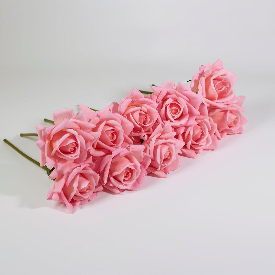 Artificial Rose Bouquet Real Touch Faux Roses 10pcs Pink Flowers Artificial Roses for Wedding Table Centerpiece Bridal Party Decor Home Office Decoration (Pink)