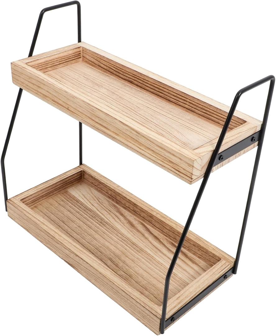 Double-Layer Kitchen Spice Rack Coffee Cup Shelf Station Organizer Wooden Storage Shelf for Bathroom Makeup Organizer