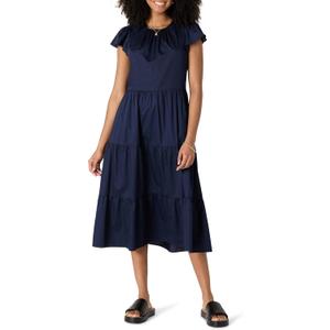 Amazon Essentials Women's Relaxed-Fit Cotton Sateen Crewneck Tiered Midi Dress (Large, Navy)