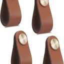 4 Pack Leather Drawer Pulls Light Coffee Cabinet Handles Single Hole Dresser Knobs Cabinet Door Handle, Faux Leather Pulls for Dresser, Closet, Kitchen Cupboard (Single Hole, Light Coffee)