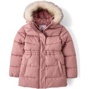The Children's Place Girls' Water and Wind Resistant Hooded Zip Front Mid Length Puffer Jacket, Faux Fur Lined (Pink, L)