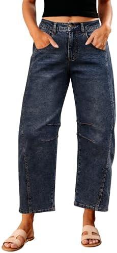 GRAPENT Barrel Jeans for Women Trendy High Waisted Wide Leg Baggy Cropped Relax Fit Stretch Denim Trouser Ankle Pants, 2XL