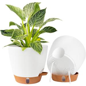 2 Pack 8 Inch Pots for Plants Indoor, Plastic Self Watering Planters with Drainage Holes, Water Level Indicator & Deep Reservoir, Decorative Flower Pots Indoor Outdoor Use (White)