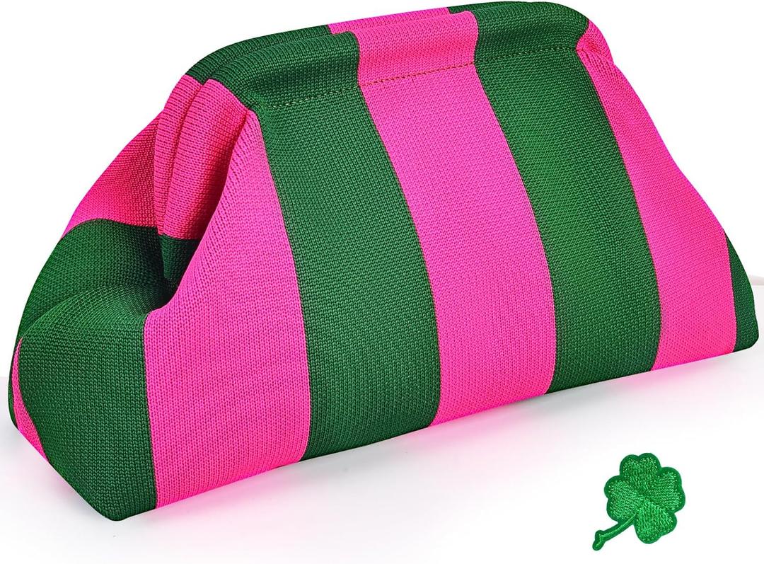 Woven Clutch Purses for Women, Summer Beach Crochet Striped Dumpling Bag Evening Handbag, mahjong bag Dumpling Bags (Pink-green Stripe)