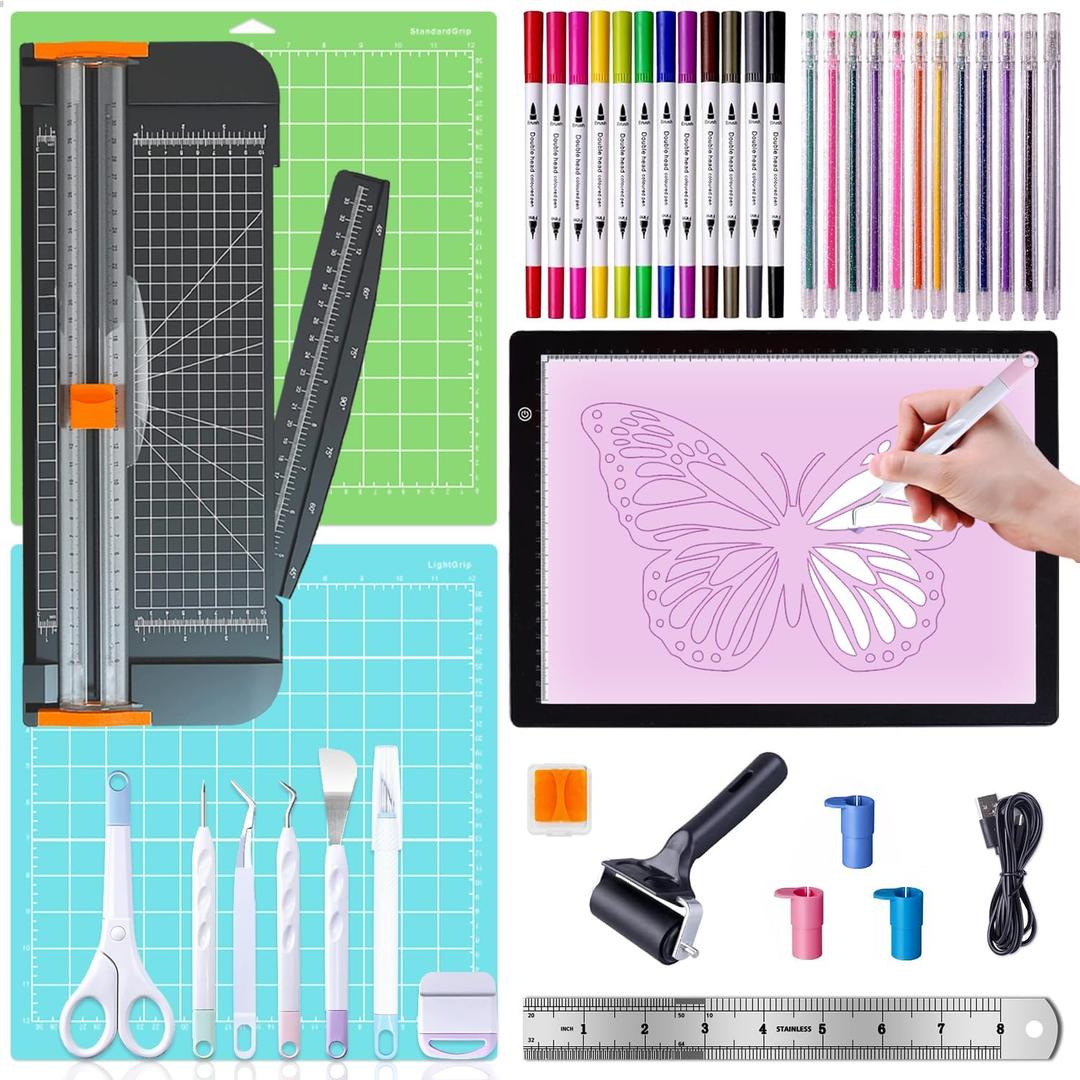 The All-in-One Tool Set for Cricut Machine - Craft Kit with Weeding Tools, LED Light Pad, Paper Cutter, Cutting Mats, Brayer Roller, True Control Knife for Crafting Projects