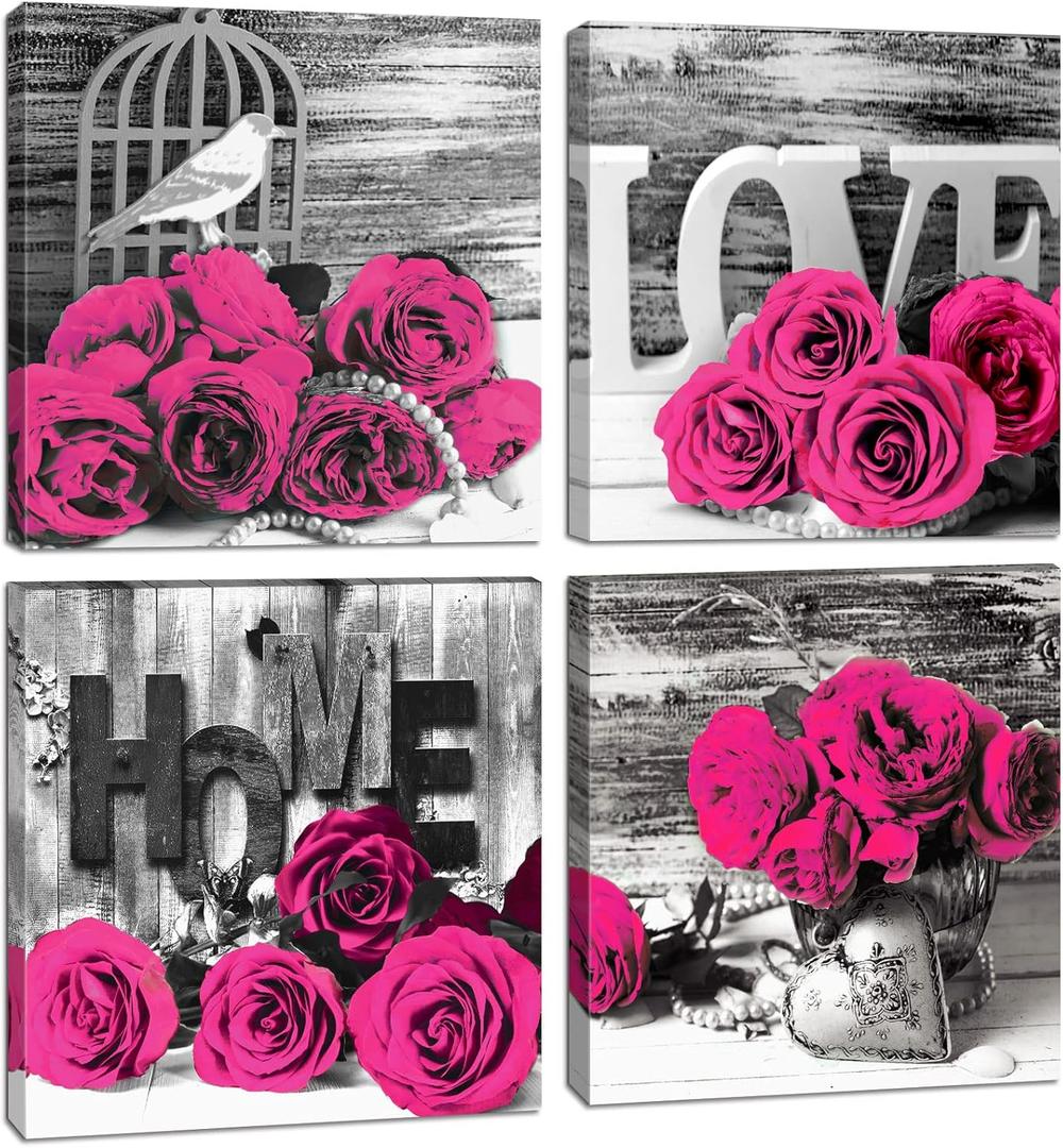 Pink Wall Decor Bedroom Wall Art Rose Flower Pictures Artwork 12x12 Retro Gray Love Floral Couples Canvas Prints Painting Modern Office Spa Bathroom Living Room Home Decoration Accessories 4Pcs/Sets (12x12in, DARK PINK ROSE)