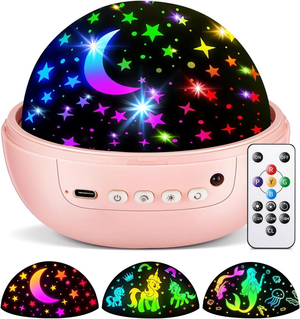 COOLNIGHT Unicorn Night Light for Kids, 3 Films Kids Night Light Projector, 360 Rotating Silent Star Projector, Remote Control+Dimmable+Timer Stars for Ceiling, for Children Room, Girls Gift Box (Pink)