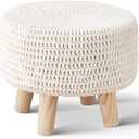 Wimarsbon Pouf Ottoman, 100% Cotton Knitted Boho Footstool, Round Footrest with Non-Skid Wood Legs, Home Décor Handmade Pouffe, Leisure Floor Step Stool for Living Room (Beige)