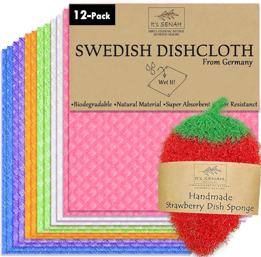 [12Pack+1Loofah Dish Sponge] 100% Natural Biodegradable Swedish Dishcloths for Kitchen | No-Discoloration, No-Odor, Super Absorbent Dish Sponge | Paper Towel, Dust Wipes Replacement (Multi [12pcs])