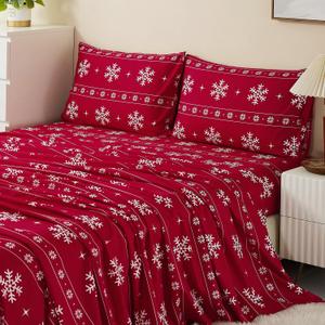 Vaulia Soft Microfiber Sheets, Print Snowflake Pattern Christmas Holidays, 4-Piece Set (1 Fitted Sheet 1 Flat Sheet 2 Pillowcases) Red/White Snowflake, Queen