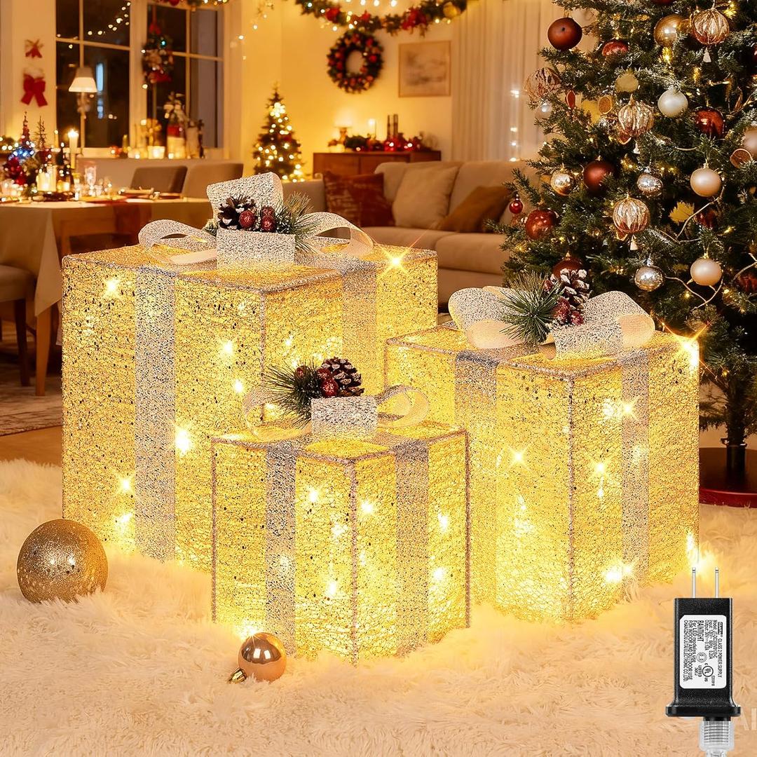 Brightever 12" 10" 8" Set of 3 Lighted Boxes - Larger Pre-lit Present Boxes with 70 LED Warm White String Lights and Bows, Foldable Christmas Ornaments for Indoor Outside Xmas Tree