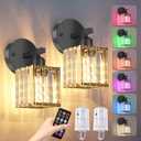 ZAUKNYA Battery Operated Wall Sconces Set of 2, Rechargeable Wireless Sconces with Remote Dimmable 12 Colors Crystal Battery Wall Sconce Set of Two,for Bedroom Living Room Hallway (Black)